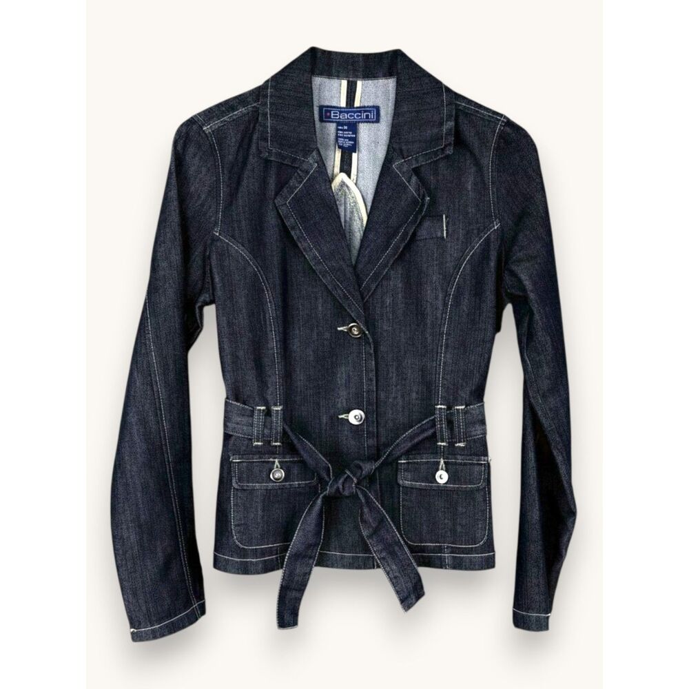 Baccini Belted Denim Blazer Jacket Petite Small Dark Wash Fitted Y2K